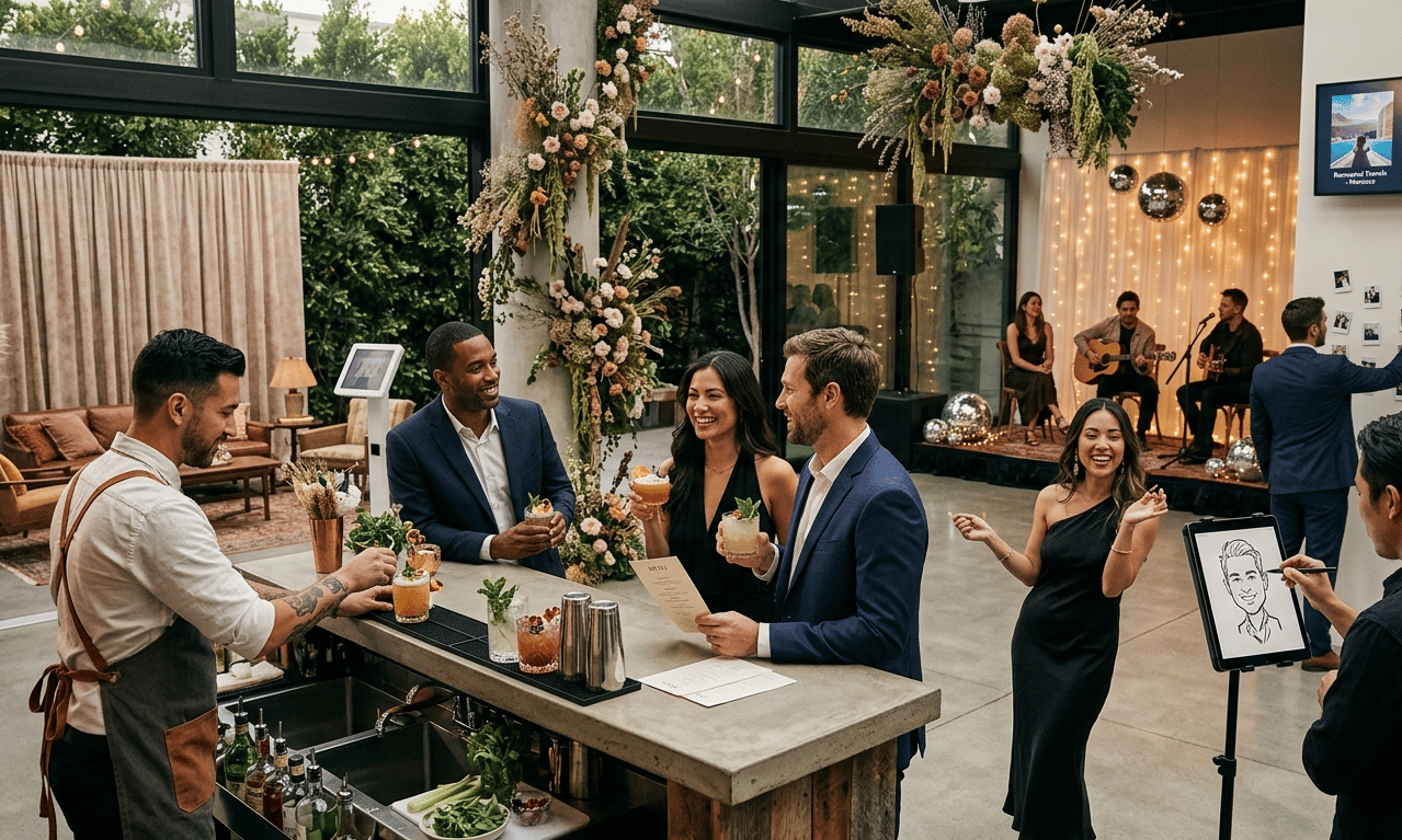A lively, elegant evening party featuring a bartender serving cocktails, a digital caricature artist, and a live acoustic band in a modern indoor-outdoor venue.