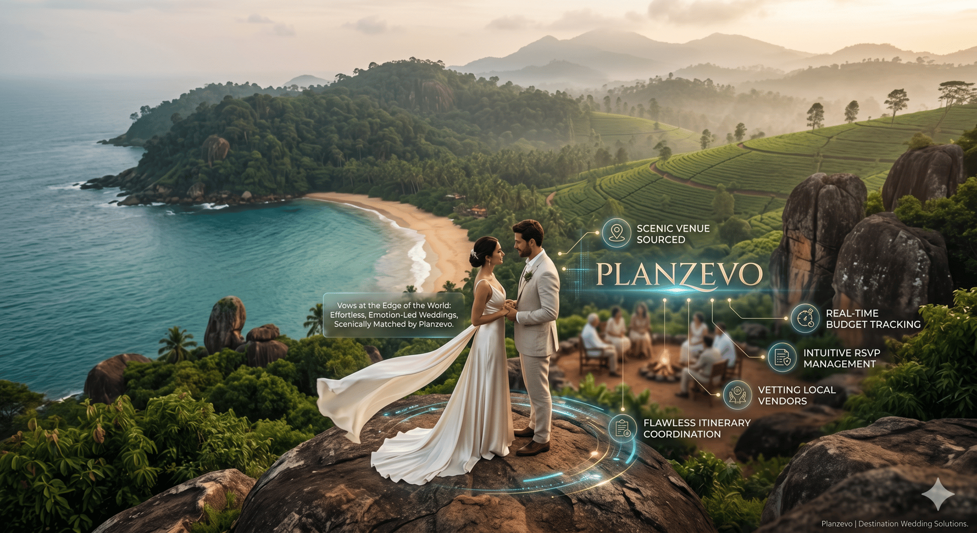 Cinematic wide shot of a wedding couple on a Sri Lankan clifftop overlooking a tropical bay, featuring a Planzevo digital interface with venue sourcing and budget tracking icons.