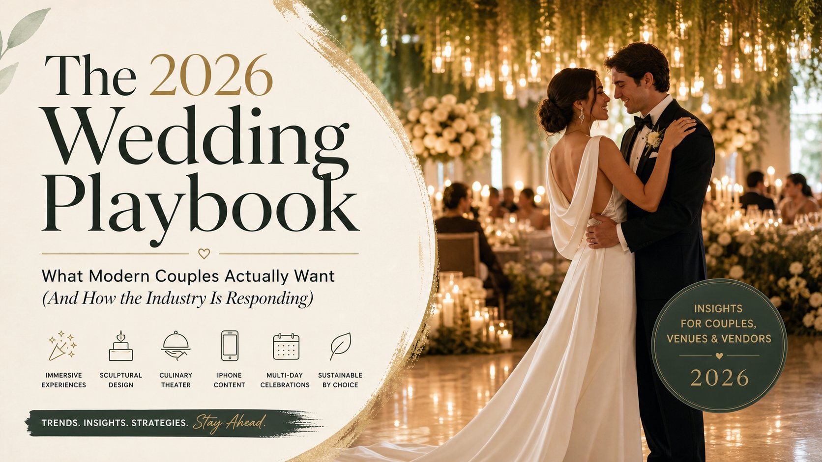 An elegant 2026 wedding reception with warm ambient lighting, sculptural floral installations, and guests engaged in authentic moments — representing the shift toward immersive, personalised celebrations.