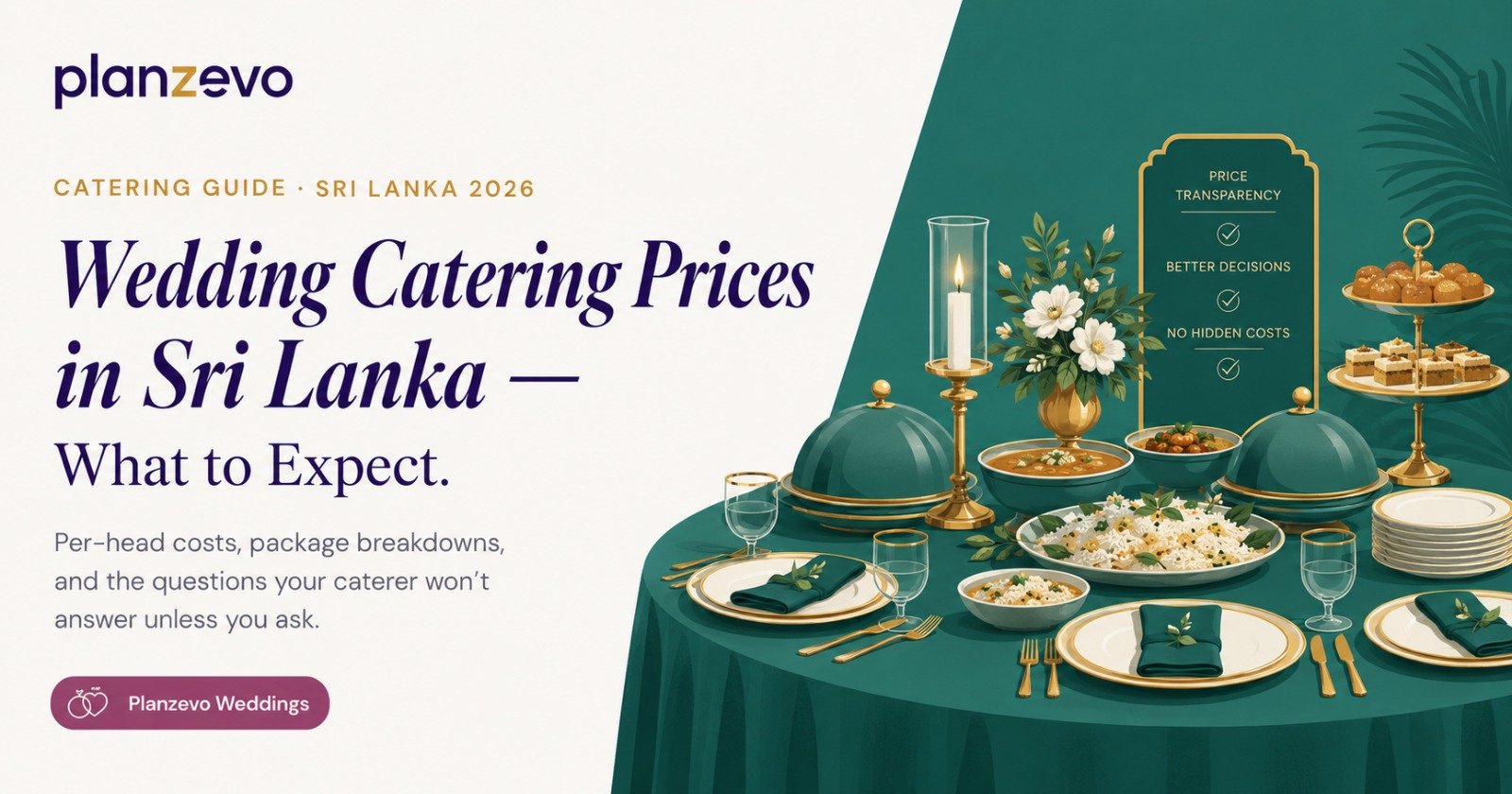 Planzevo Weddings 2026 catering guide cover featuring a teal wedding table setting with Sri Lankan food and a gold price transparency checklist.
