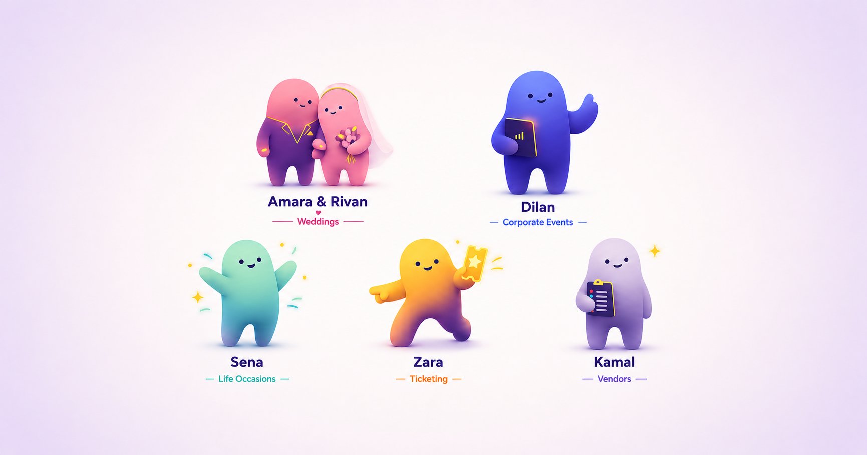 The five Planzevo mascot avatars standing together representing weddings, corporate, life events, ticketing, and vendors.
