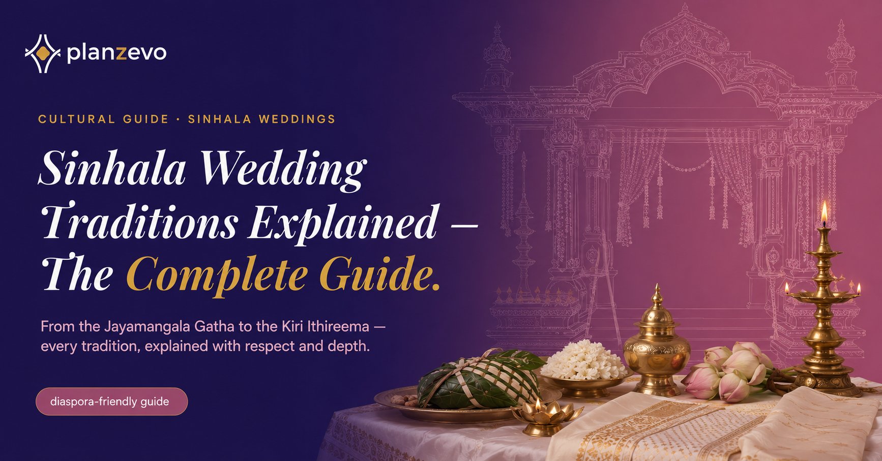 Traditional Sinhala wedding Poruwa setup with brass oil lamps, jasmine flowers, betel leaves, and rice — a complete guide by PlanZevo