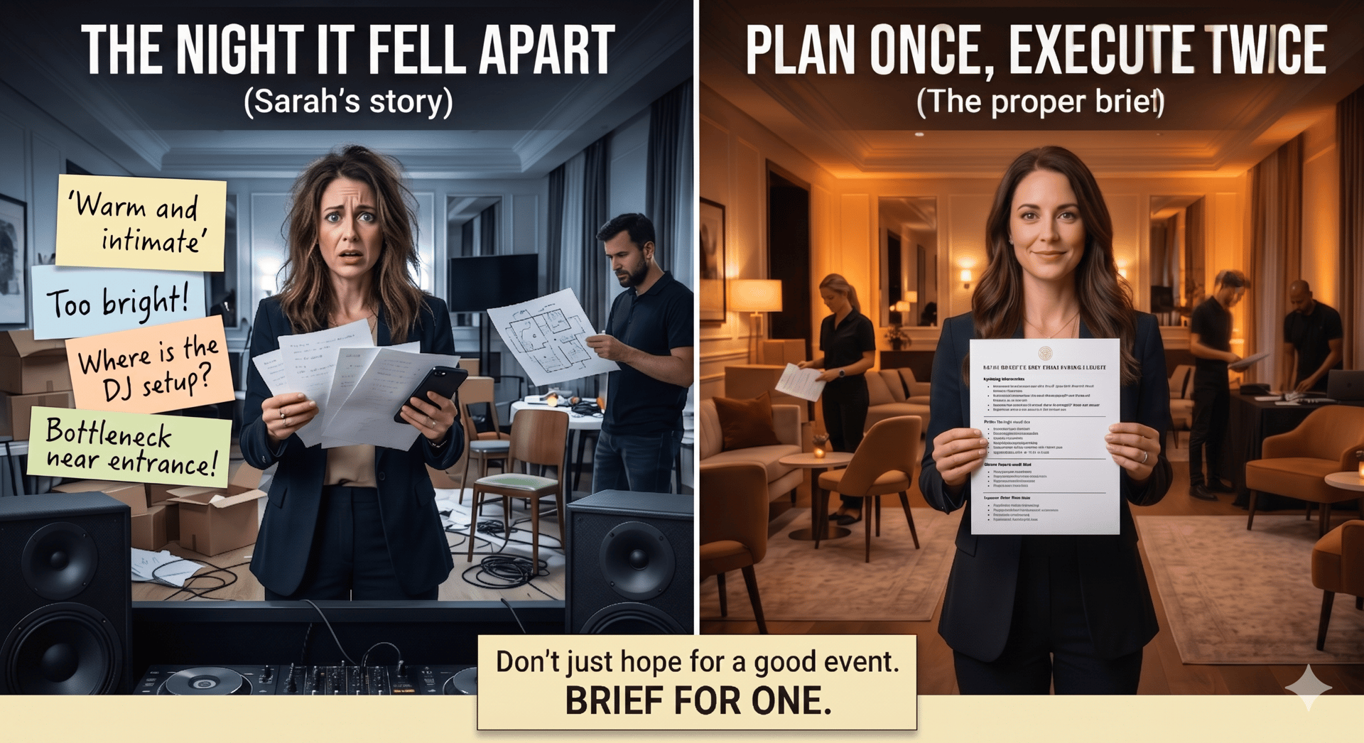 event planner writing a structured event brief before an event