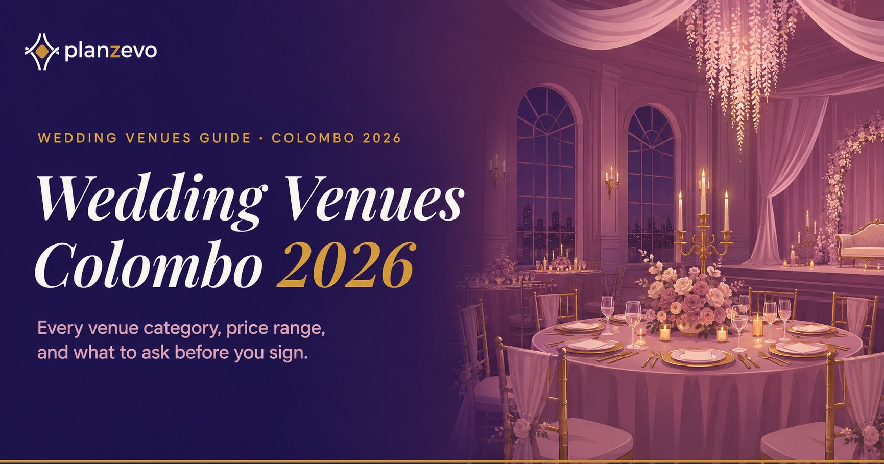 Scenic luxury outdoor wedding setup in Sri Lanka featuring a romantic oceanfront venue at sunset with tropical palm trees, elegant floral arches, candlelit aisles, golden chairs, and a colonial-style seaside villa creating a dreamy destination wedding atmosphere.